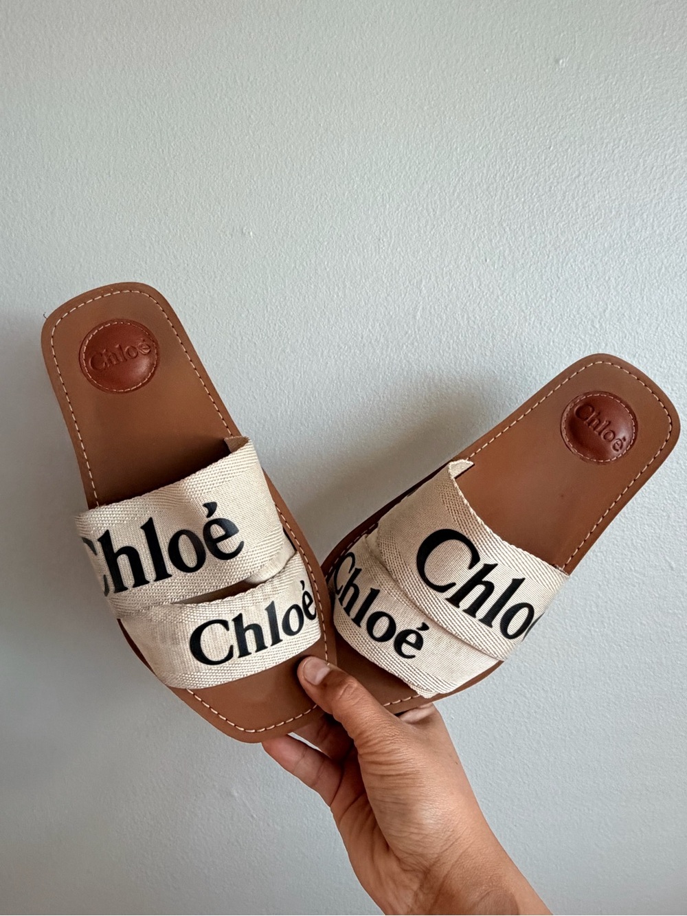 Chloé Woody Logo Canvas Slide Sandals in Natural/Tan